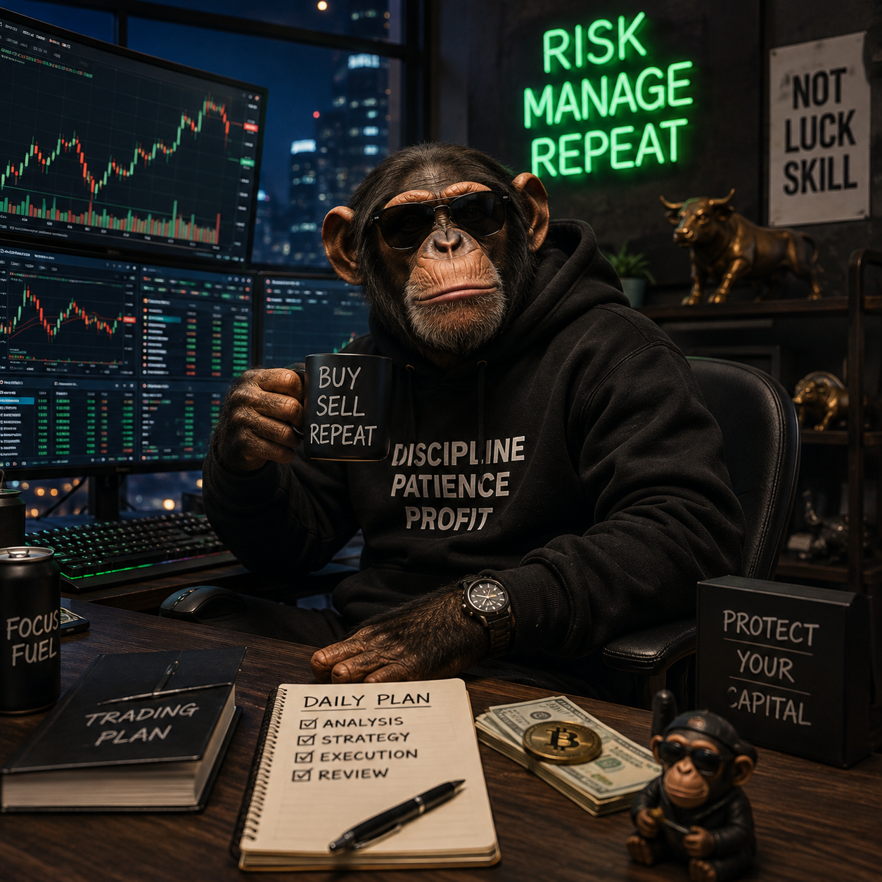 FlipAPE trader at a multi-screen trading desk